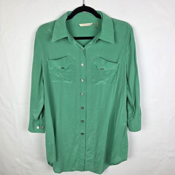 Soft Surroundings Silk Woman Button Front Long Shirt Kelly Green Tunic Sz Medium - Picture 1 of 6